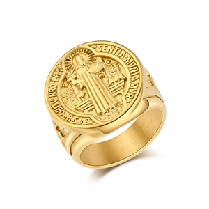 Gold Saint Benedict medal ring for men in stainless steel with religious engraving