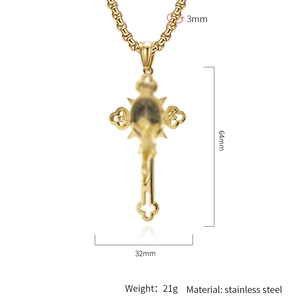 Detailed view of golden stainless steel cross pendant with 64x32mm dimensions