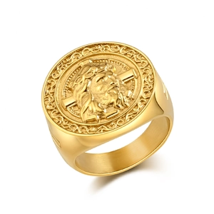 Men's gold-plated stainless steel signet ring featuring Jesus relief and religious carving