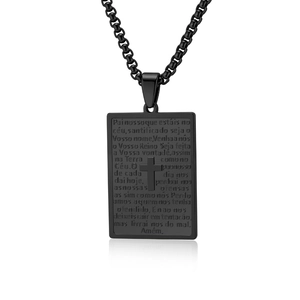 Schwarze Edelstahl Halskette mit rechteckigem Gebetsanhänger und eingraviertem Kreuz