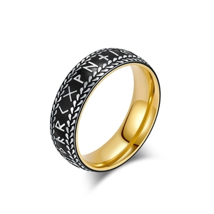 Bague Viking Nordique Vintage en Acier Inoxydable pour Hommes Poli Couleur Noir Or Runes Ethnique Motif de Blé Bijoux