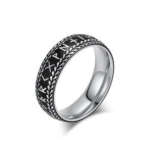 Bague vintage nordique en acier inoxydable avec runes vikings et incrustation en émail noir