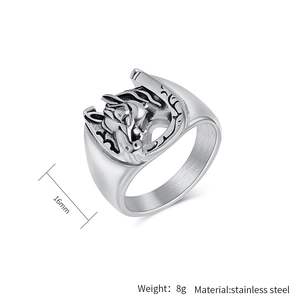 Macro view of stainless steel horseshoe ring with horse head engraving and 16mm size detail