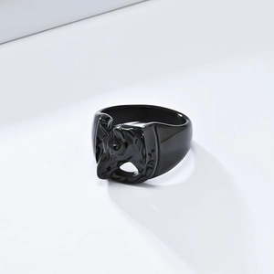 Polished black stainless steel ring with a detailed horse head and horseshoe relief