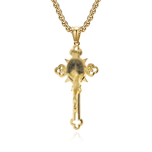 Vintage gold stainless steel cross pendant necklace with a classic round medal and chain