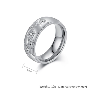 Detailed macro view of an 8mm wide stainless steel ring with hexagonal honeycomb texture