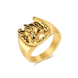 Brushed gold stainless steel horse head horseshoe ring for men and women