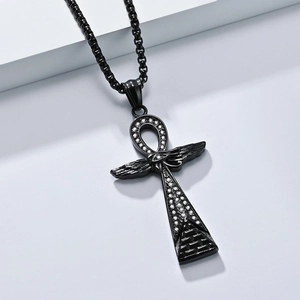 Vintage black Ankh cross pendant necklace with eagle wings and white zircon stones
