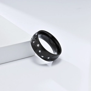 Black titanium steel football ring with honeycomb texture and white cubic zirconia stones