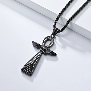 Detail of black Egyptian Ankh pendant with Horus eye and crystal wing details
