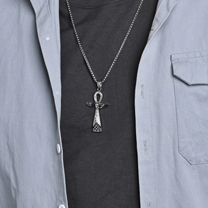 Vintage Egyptian Ankh Cross necklace for men with Horus Eye and crystal wings