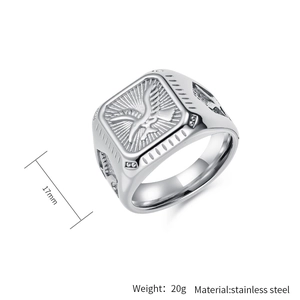 Macro detail of men's stainless steel eagle ring with square face and 17mm width