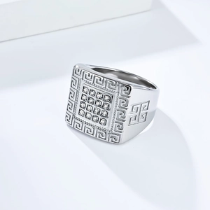 Men's silver square ring with full crystal stones and Greek key pattern engraving