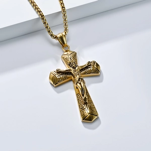 Vintage gold stainless steel cross necklace with Jesus crucifix and Greek meander patterns