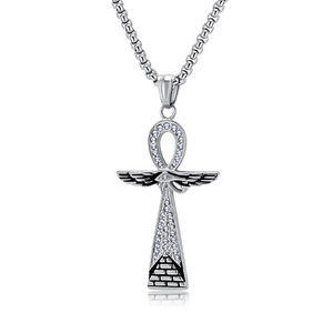 Vintage Stainless Steel Egyptian Ankh Cross Necklace For Men Women Iced Out Horus Eye Wing Pyramid Pendant Necklace Jewelry