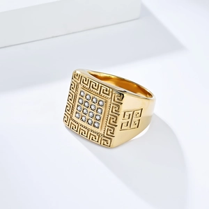18K gold plated titanium steel ring with Greek fret pattern and 16 sparkling cubic zirconia