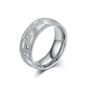 Silver stainless steel football ring with hexagon patterns and sparkling zircons