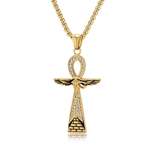 Gold-plated stainless steel Ankh cross necklace with sparkling stones on white background