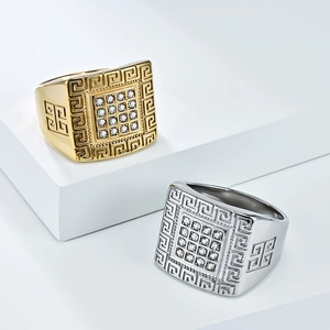 Hip hop square signet rings with Greek key pattern and iced out crystals in gold and silver