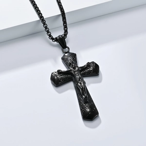 Retro black stainless steel crucifix necklace with Jesus relief and Greek key patterns