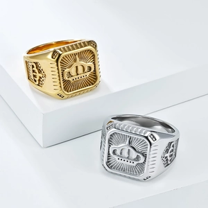 Chevalière couronne pour homme en or 18 carats et argent, face carrée en acier inoxydable poli