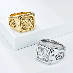 Polished titanium steel eagle signet rings in gold and silver finish with square top