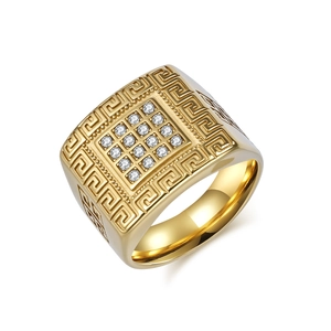 Hip Hop Stainless Steel Square Ring For Men Gold Silver Plated Greek Key Meander Pattern Rhinestone Inlaid Fashion Rock Jewelry
