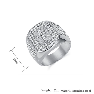 Macro view of 21mm wide men's stainless steel signet ring with full pavé cubic zirconia