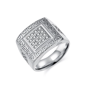 Mens silver signet ring with square 4x4 cubic zirconia and Greek Meander pattern engraving