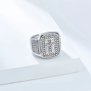 Hip hop silver square cross ring with white zircon pave setting for men in a minimalist style