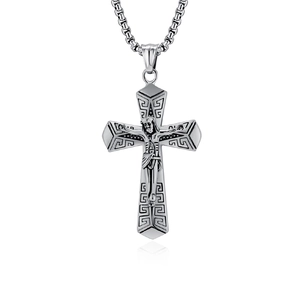 Vintage Stainless Steel Jesus Crucifix Pendant Necklace Greek Key Pattern Retro Hip Hop Religious Jewelry For Men Women