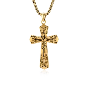 Retro hip hop style gold stainless steel crucifix cross necklace with meander pattern