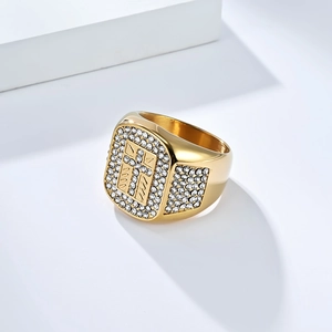 Men's hip hop gold-plated cross signet ring with micro-pave white cubic zirconia stones