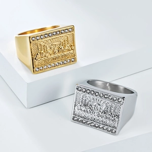 Retro 18K gold plated Last Supper stainless steel rings with sparkling zircon inlay