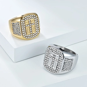 Hip hop iced out cross signet rings in gold and silver finish with sparkling crystals