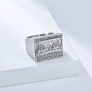 Last Supper relief signet ring for men in silver finish with pavé zircon accents