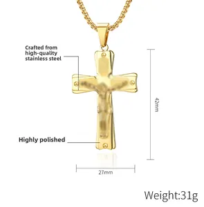 Polished stainless steel gold cross pendant with Jesus relief detail and 42mm size markings