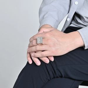 Men's hip-hop wide rectangle ring with sparkling micro-pave white zircons in silver finish