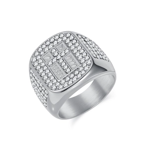 Hip hop men's stainless steel signet ring with micro-paved iced out cross design