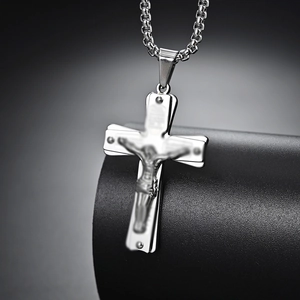 Vintage stainless steel crucifix pendant necklace with silver box chain for men