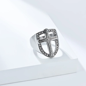 Vintage silver shield cross ring for men with pavé rhinestones and retro gothic style