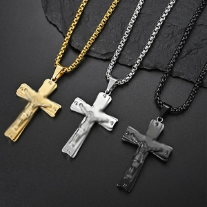 Vintage stainless steel cross necklaces in gold, silver, and black finish for men