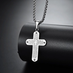 Collier croix en acier inoxydable argenté avec gravure d'écriture espagnole vintage