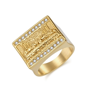 Retro Hip Hop Last Supper Relief Signet Ring For Men Stainless Steel Gold Plated Zirconia Inlaid Religious Band Jewelry