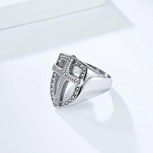 Side view of men's vintage shield cross ring with white zircon inlays on white stone