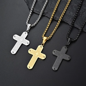 Collier Pendentif Croix en Acier Inoxydable Plaqué Or 18K Gravé Espagnol Notre Père Bijoux de Foi Religieuse pour Hommes Femmes