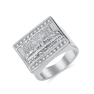 Silver stainless steel Last Supper ring with cubic zirconia and vintage relief design