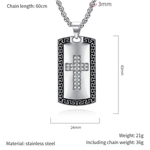 Detailed specs of stainless steel cross pendant necklace with rhinestones and chain dimensions