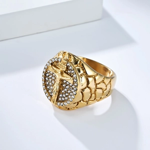 Iced out gold crucifix ring with INRI engraving and honeycomb texture for men