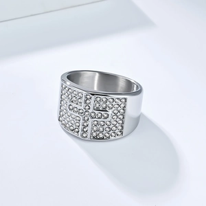 Hip hop iced out silver stainless steel cross ring with white crystals for men